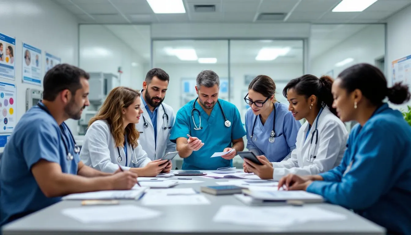 A diverse medical team is gathered around a table, engaged in a discussion about patient care plans, emphasizing an integrative approach to health that includes functional medicine and lifestyle management. They are reviewing medical records and treatment plans to ensure personalized treatment for optimal health and well-being.