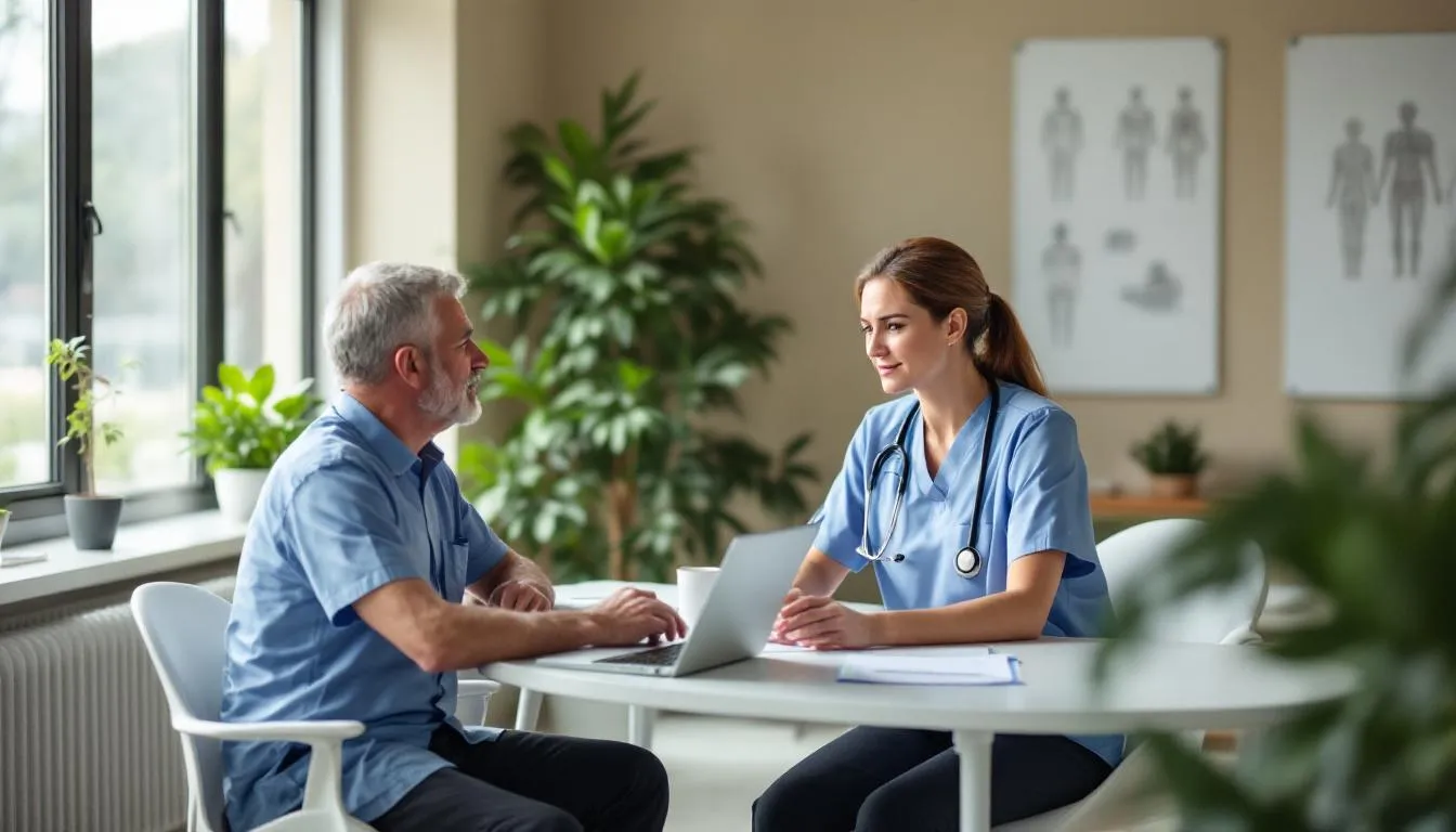 A holistic health practitioner is consulting with a patient in a modern integrative medical setting, discussing treatment options that may include herbal medicine and alternative therapies. The environment reflects a comprehensive approach to health, emphasizing the importance of optimal health and wellness.
