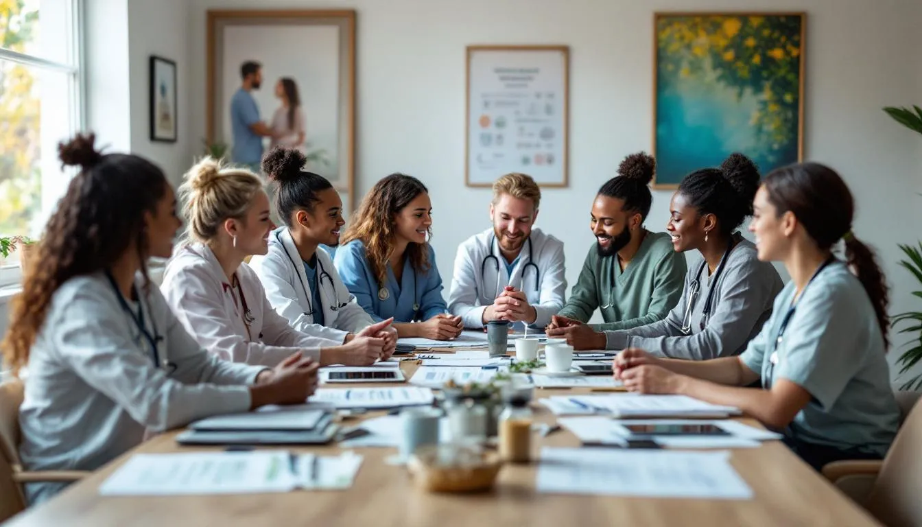 A diverse integrative healthcare team meeting is depicted, featuring medical professionals and holistic health practitioners discussing various treatment options. They collaborate on holistic approaches to promote optimal health and well-being, incorporating alternative therapies such as herbal medicine and massage therapy.