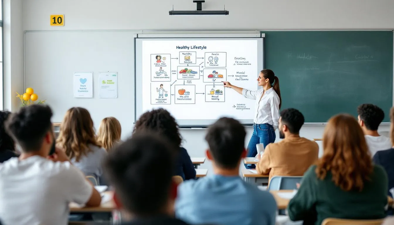 A group of students participates in a health education classroom discussion, while a teacher points to a diagram illustrating healthy lifestyle choices. This engaging session promotes health literacy and encourages students to adopt healthy behaviors for improved well-being.