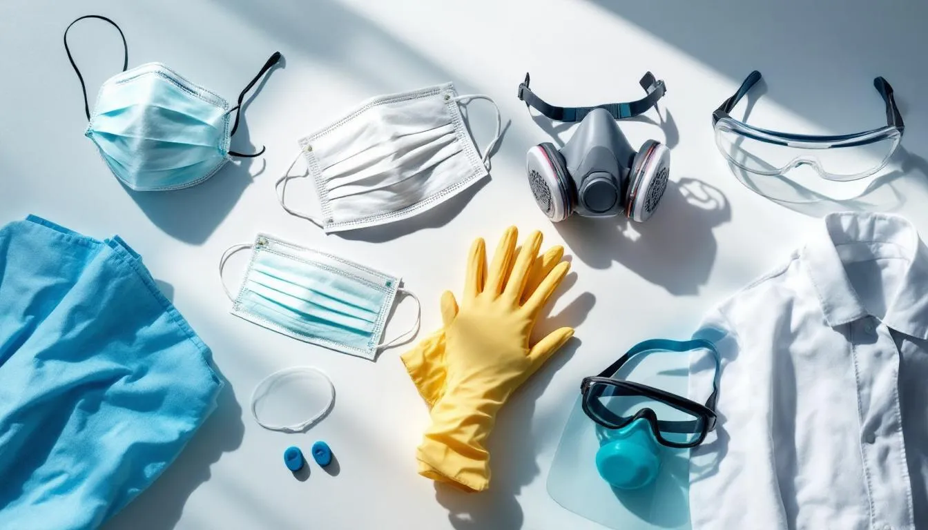 The image displays an array of various types of masks and personal protective equipment (PPE) organized to illustrate different levels of protection against healthcare associated infections. This visual emphasizes the importance of appropriate personal protective equipment and infection prevention measures in healthcare settings to safeguard healthcare workers and patients from infectious diseases.