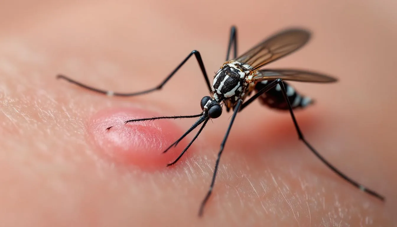 An Aedes aegypti mosquito is perched on human skin, illustrating the vector responsible for transmitting dengue fever, a significant concern in ongoing infectious disease outbreaks. This image highlights the importance of disease control and prevention efforts by health departments and healthcare providers.