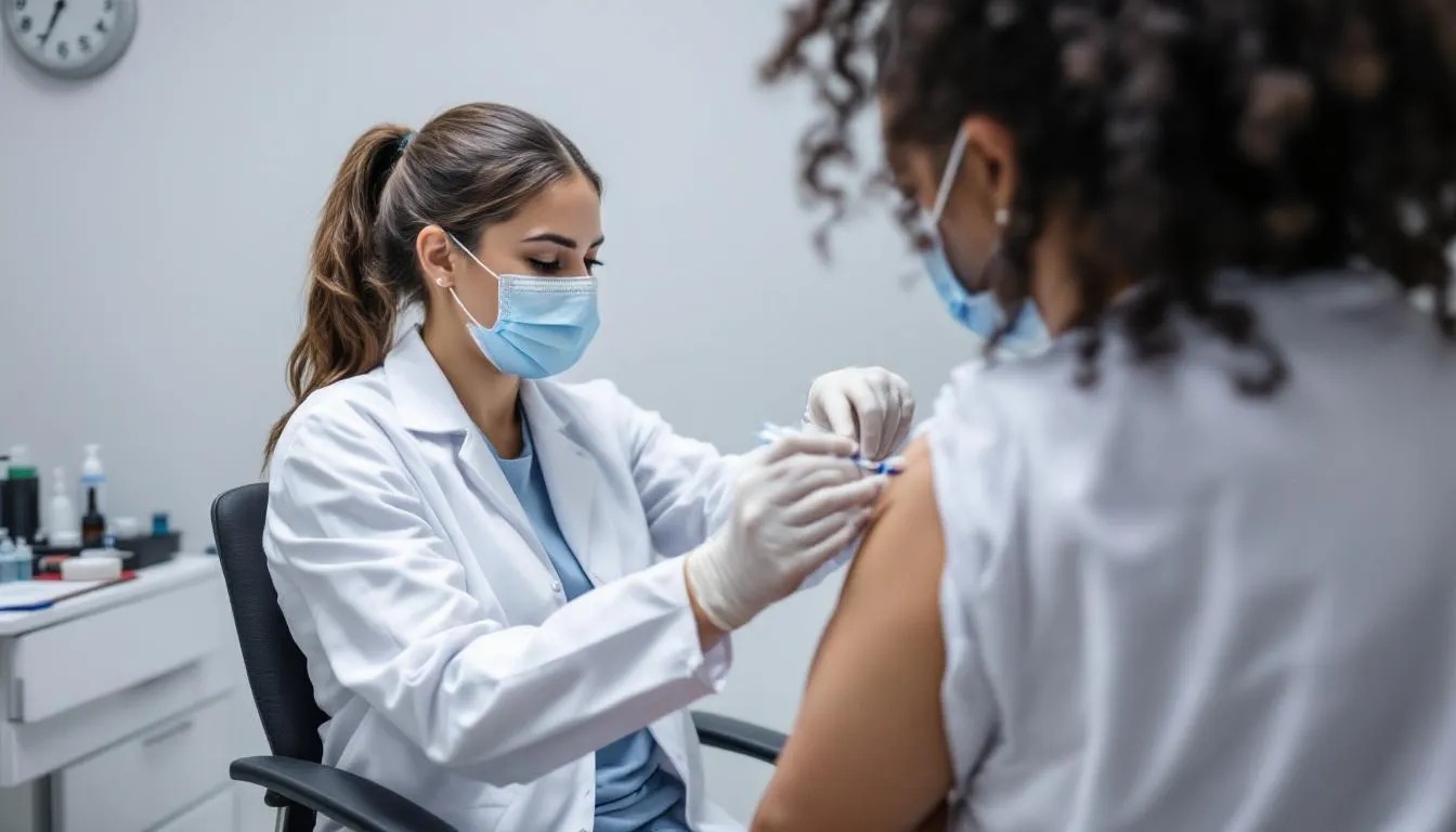 A healthcare provider is administering a vaccine to a patient in a clinical setting, emphasizing the importance of vaccination in disease control and prevention amidst ongoing outbreaks of infectious diseases. The scene highlights the role of healthcare workers in promoting global health security and protecting patients from illnesses like influenza and measles.