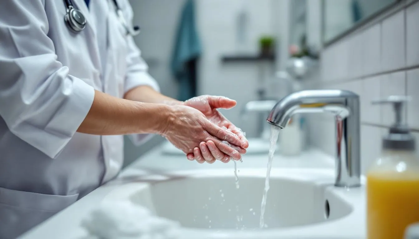 A healthcare worker is demonstrating proper hand hygiene technique by thoroughly washing their hands with soap and water, emphasizing the importance of infection prevention in healthcare settings to reduce the risk of healthcare-associated infections. This practice is crucial for protecting both healthcare professionals and patients from infectious diseases.