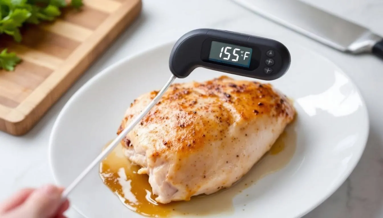 A food thermometer is inserted into the thickest part of a cooked chicken, ensuring it has reached the safe internal temperature to prevent foodborne infections. Proper cooking and temperature measurement are essential infection prevention measures in food safety.