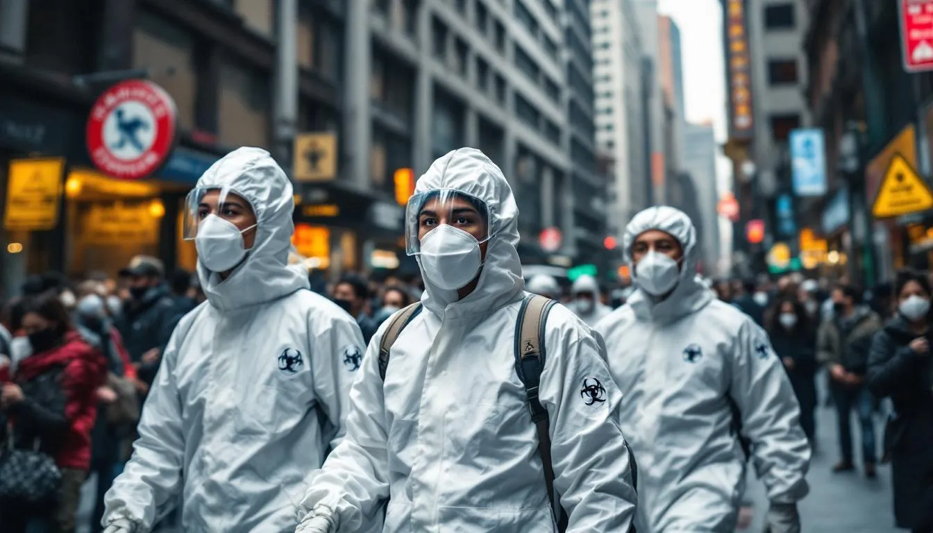 The image shows healthcare workers in full protective equipment responding to a disease outbreak in an urban area, highlighting their critical role in managing infectious diseases and controlling disease spread. Their presence reflects the urgency of addressing epidemic diseases and ensuring public health safety during such crises.