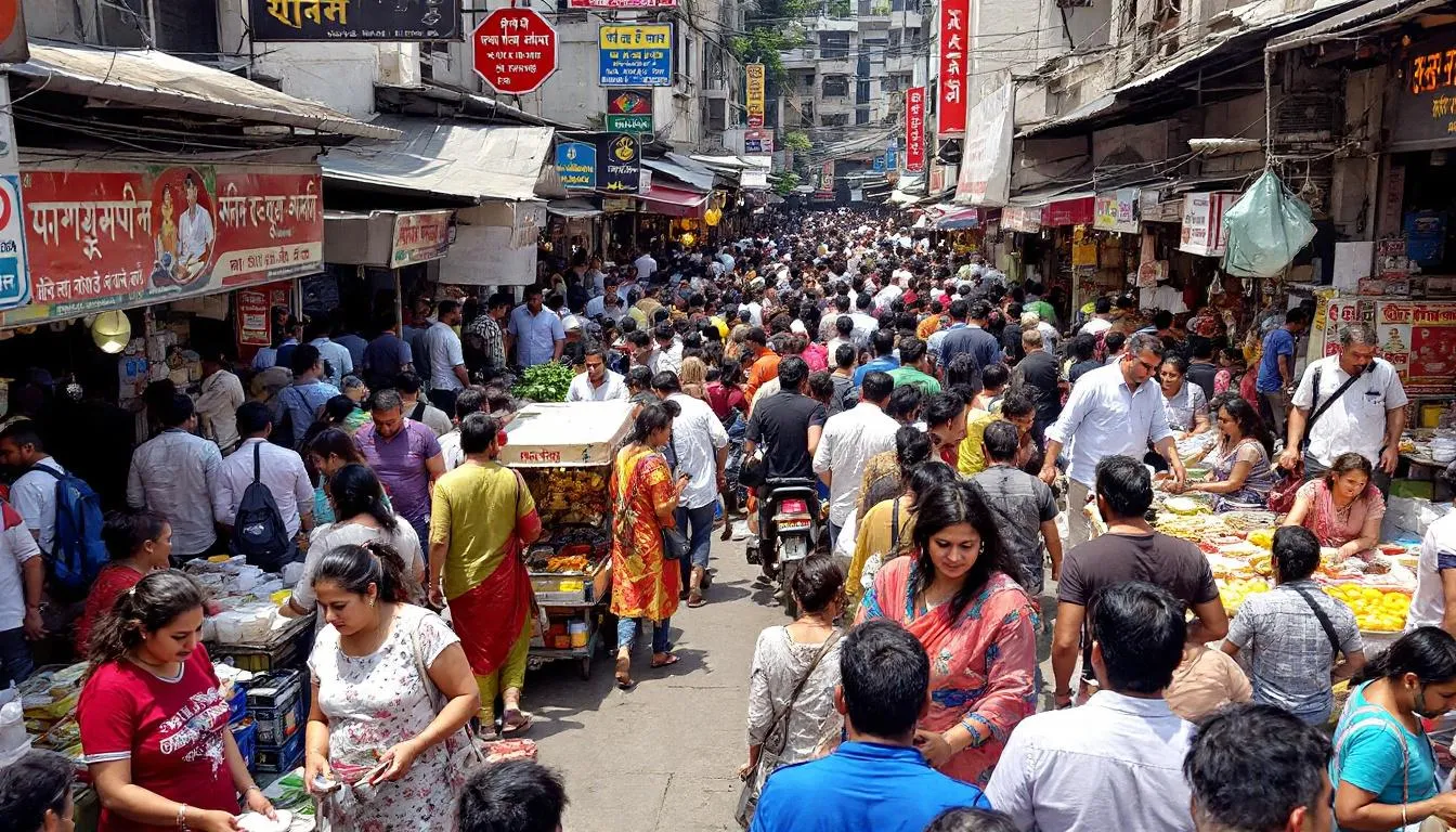 The image depicts a crowded urban marketplace filled with a large number of people in close proximity, highlighting the potential for disease transmission and the rapid spread of infectious diseases. Such environments can be critical for disease outbreaks, as person-to-person contact increases the risk of epidemics occurring.