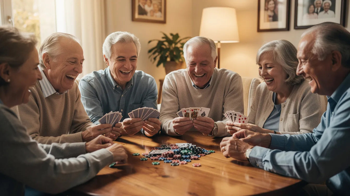 A joyful group of older adults is gathered around a table, laughing and playing cards, showcasing the importance of social engagement in maintaining mental wellbeing and reducing the risk of developing dementia. Engaging in activities like this can benefit brain health and help prevent cognitive decline.