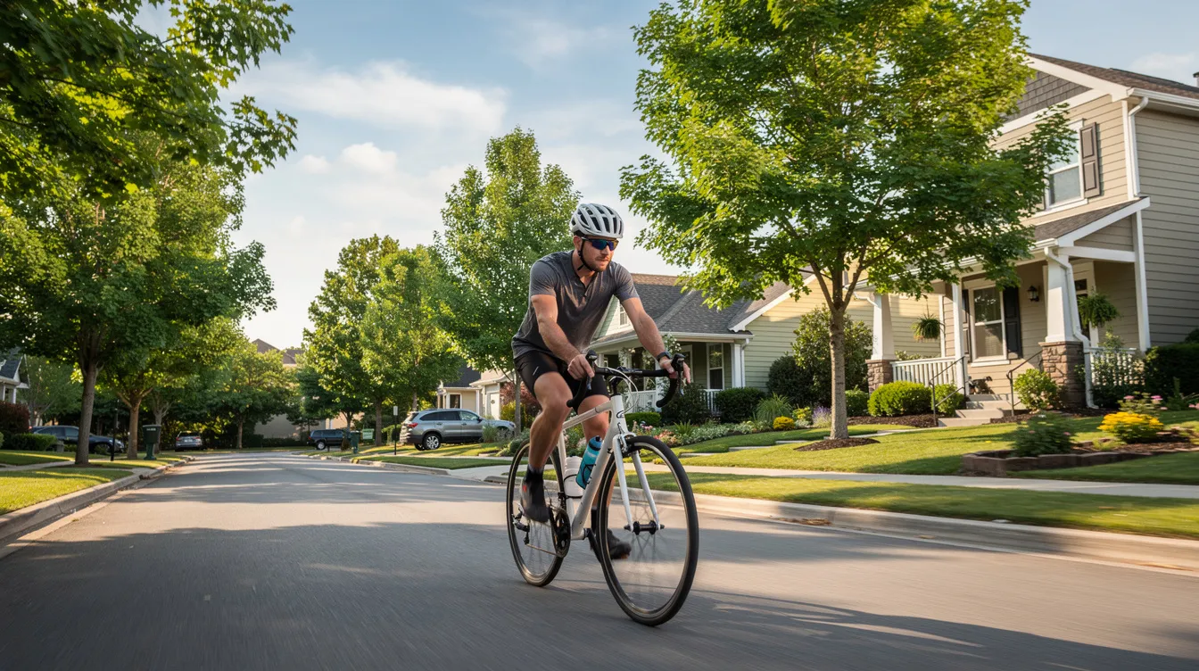 A cyclist wearing a helmet rides through a lush green neighborhood, promoting physical activity which is essential for maintaining brain health and reducing the risk of developing dementia. Engaging in regular exercise can help manage blood pressure and support cognitive function, contributing to a healthy lifestyle.