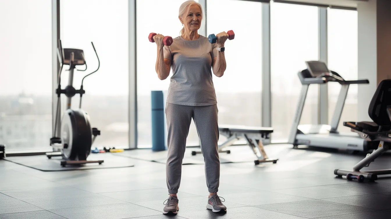 An older adult is seen performing resistance exercises with light dumbbells in a bright gym, emphasizing the importance of physical activity for maintaining muscle mass and overall well-being during the aging process. This scene highlights the role of regular exercise in promoting good health and quality of life in late adulthood.