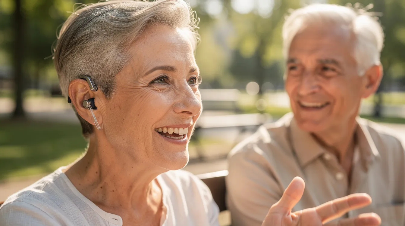 An older adult with gray hair is smiling and engaging in conversation with a friend outdoors, wearing modern hearing aids that enhance their social engagement and quality of life. This scene reflects the positive aspects of the aging process, highlighting the importance of emotional support and maintaining cognitive health in later life.