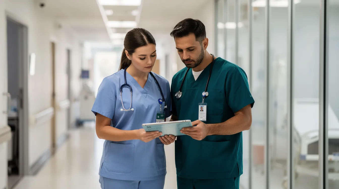 Two healthcare professionals in scrubs are collaborating in a hospital hallway, intently reviewing a patient chart that likely pertains to infectious diseases and antimicrobial therapy. Their focused discussion may involve antibiotics such as azithromycin or chloramphenicol, crucial for the identification and treatment of various infections.