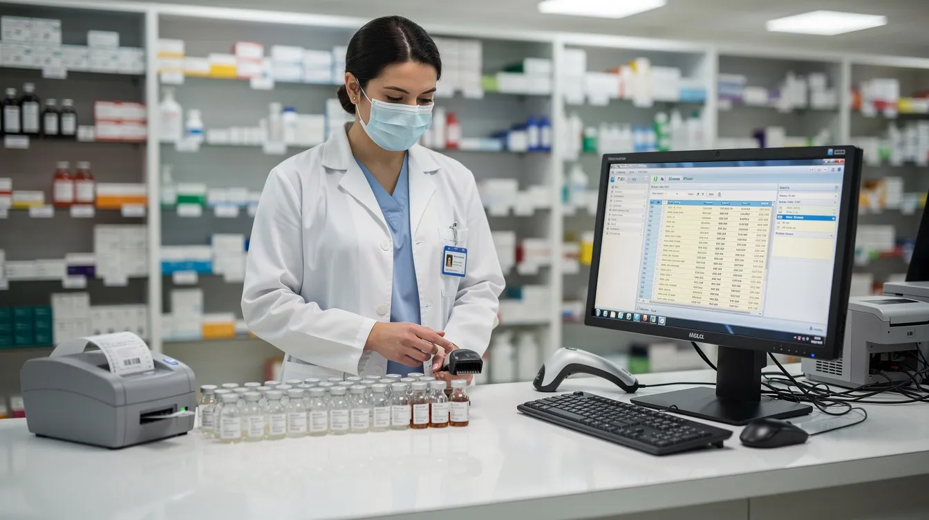 A pharmacist is seen at a hospital pharmacy counter, surrounded by medication vials and a computer screen displaying information related to antimicrobial therapy for infections. The setting emphasizes the critical role of antibiotics, such as azithromycin and chloramphenicol, in treating infectious diseases.